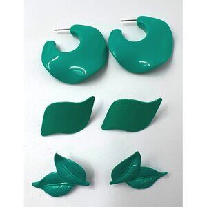 3 Items Earrings Teal Pierced Metal Retro Jewelry Leaves
